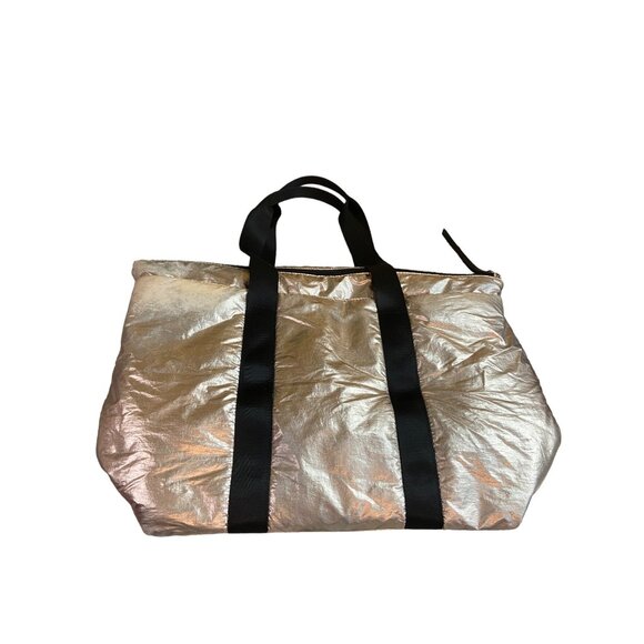 Jessica Simpson Tote Bag Gold Metallic Faux Leather Trim Leopard Lining Retro - Picture 4 of 9